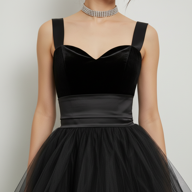 Gothic Glamour Black Tulle & Velvet High-Low Dress