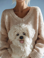 Cute Fuzzy Dog Embroidered V Neck Cozy Sweater