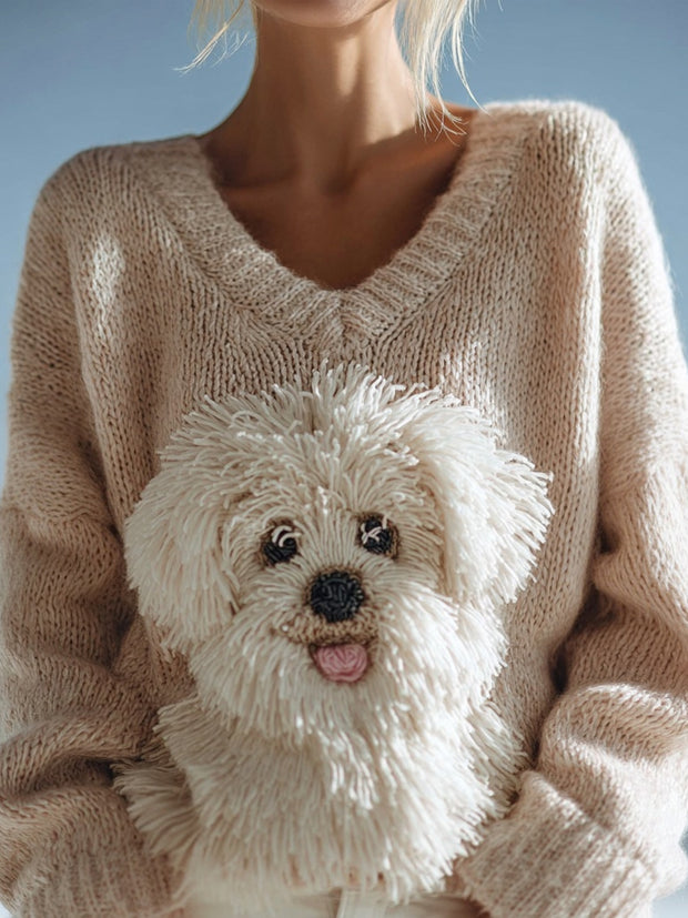 Cute Fuzzy Dog Embroidered V Neck Cozy Sweater