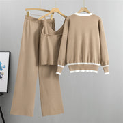 Knitted cardigan suspender wide-leg pants three-piece set