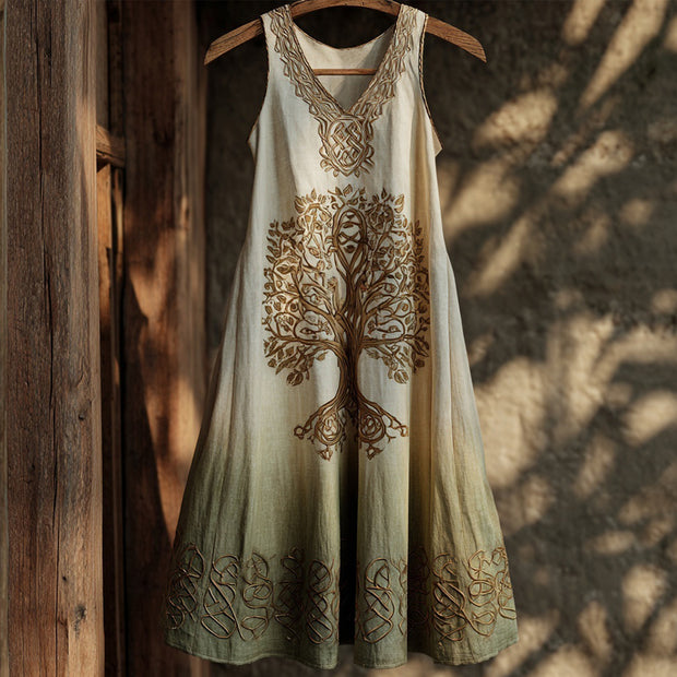 Vintage Celtic Tree Of Life Embroidered Gradient Linen Midi Dress