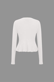 Solid Knit Button Ruffled Long-Sleeve Top