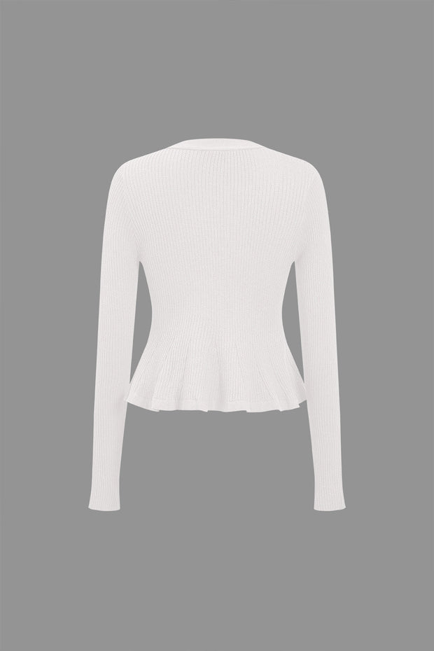 Solid Knit Button Ruffled Long-Sleeve Top