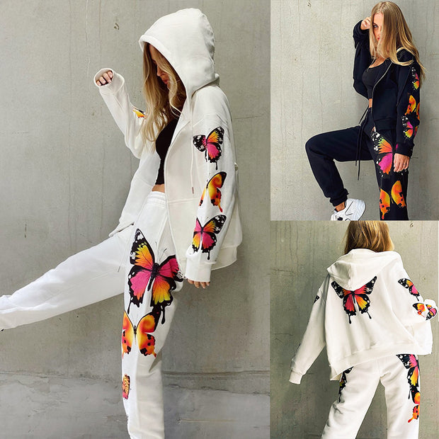 Fashion Butterfly Print Hooded Casual Sweatshirt Set