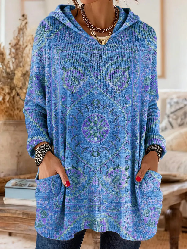 Women's Ethnic Totem Art Print Casual Knitted Pocket Hooded Tunic Top