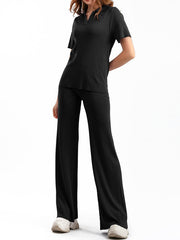 Polo Collar Short-sleeves Wide-leg Pants Two-pieces Set