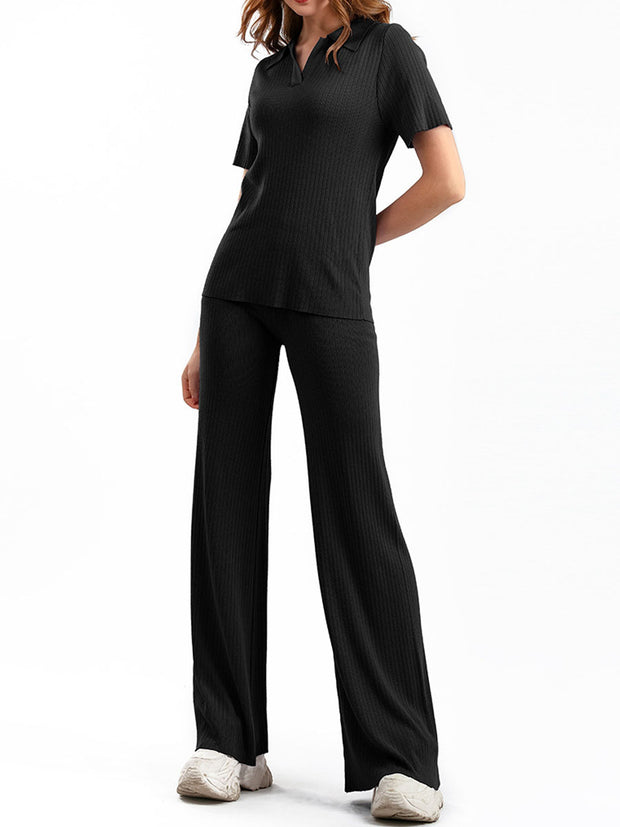 Polo Collar Short-sleeves Wide-leg Pants Two-pieces Set