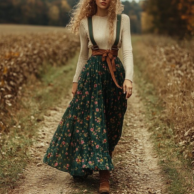 Women's Two-piece Bohemian Pastoral Suspender Floral Dress Autumn And Winter Retro Long Dress Two-piece Set