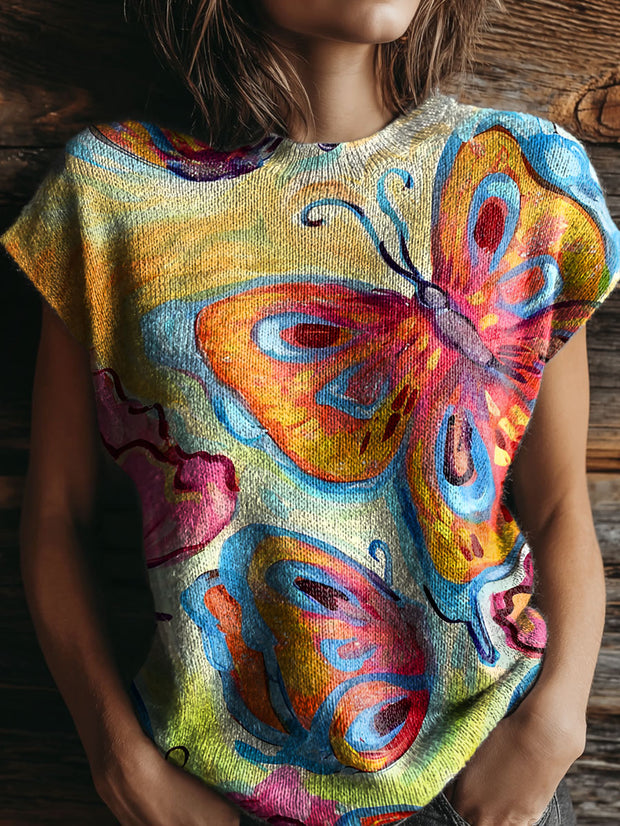 Women's Colored Butterfly Art Print Casual Crew Neck Short Sleeve Knitted Sweater