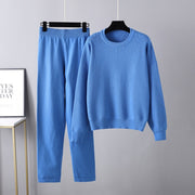 Solid color crew neck sweater knitted two-piece set