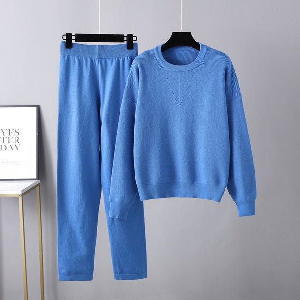 Solid color crew neck sweater knitted two-piece set