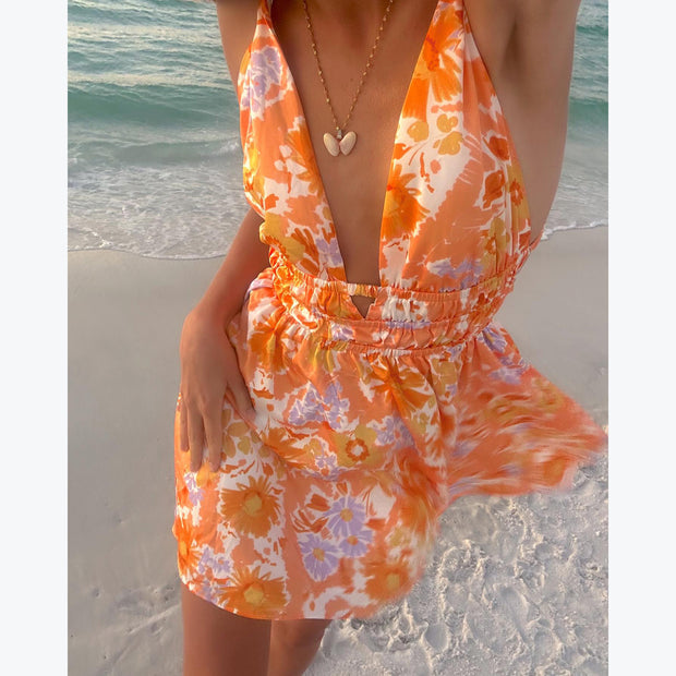 Holiday Floral Hanging Deep V-neck Backless Mini Dress