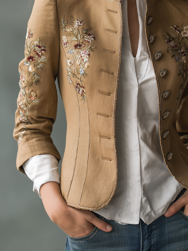 Retro Contrast Trim Floral Embroidered Jacket