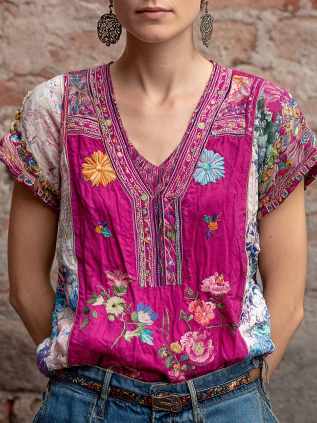 Women's Retro Ethnic Pink Awareness Flower Embroidery Printed T-shirt
