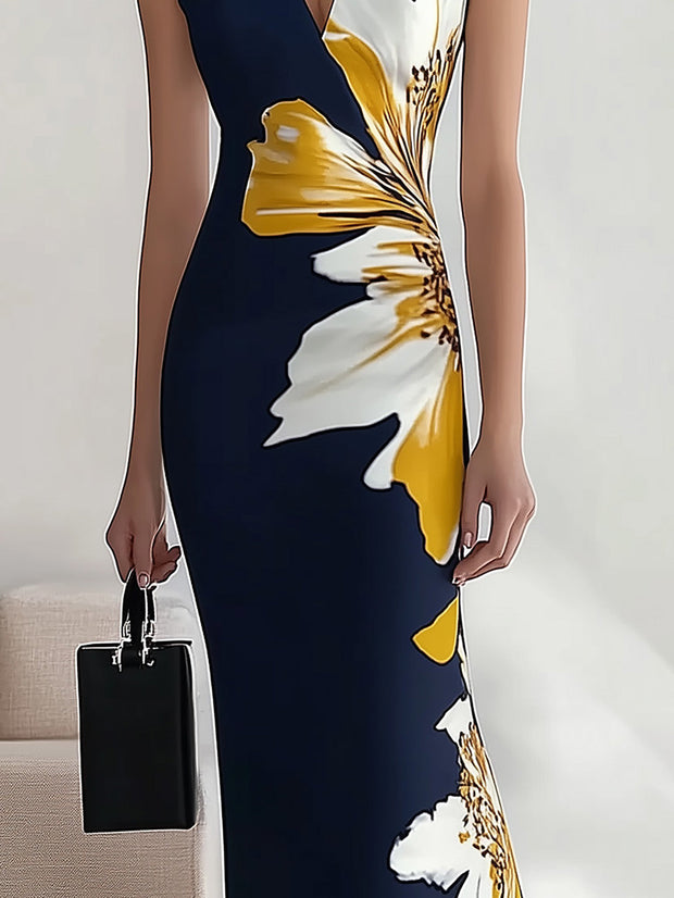 Navy Blue V-Neck Sleeveless Dress with Floral Print