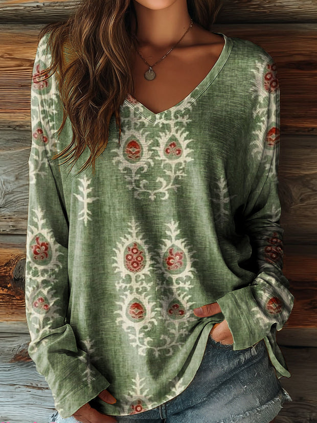 Women's Retro Ethnic Totem Art Pattern Print Casual V-neck Long Sleeve T-shirt