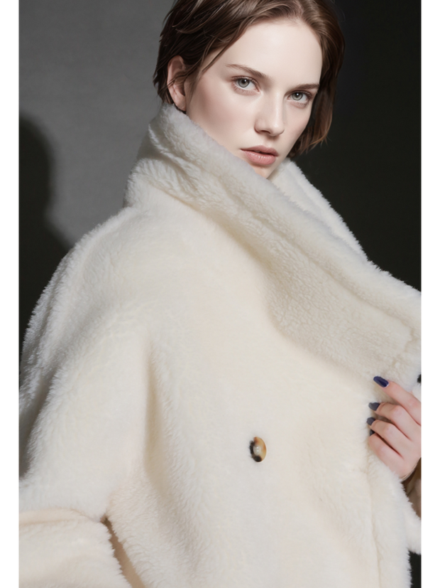 Luxury Teddy Wool Coat for Women – Double-Faced Wool Overcoat with Oversized Lapel, Warm Fuzzy Winter Jacket