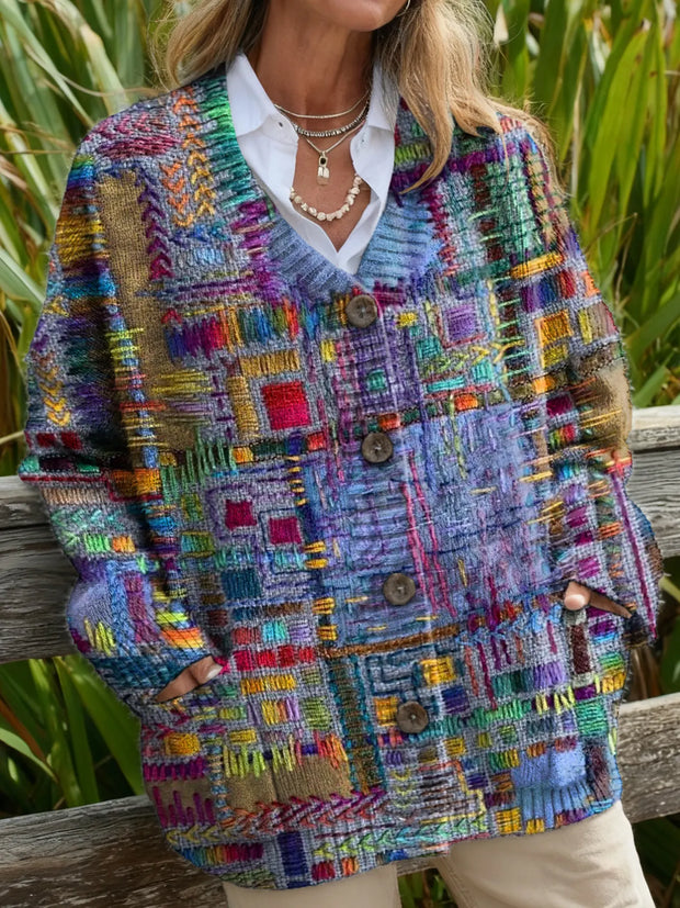 Women's Vintage Purple Collage Art Prints Casual Buttons Pockets Placket Sweater