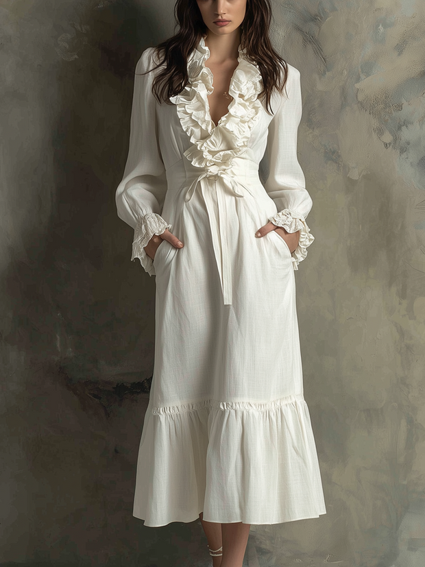 Retro Ruffle Neck Midi Dress