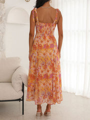Tie up printing midi dress