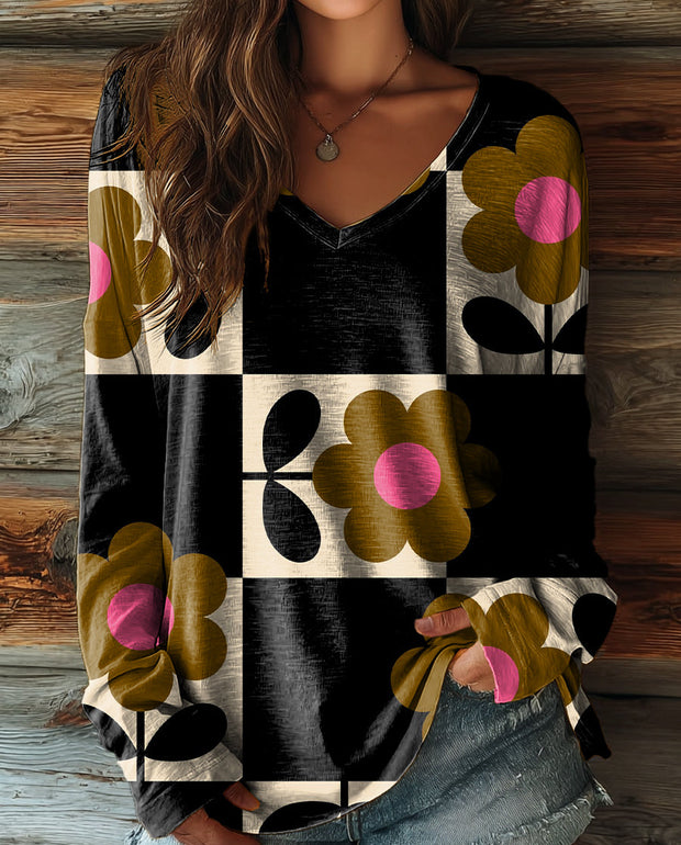 Women's Bohemian Floral Art Print Casual V-neck Long Sleeve T-shirt