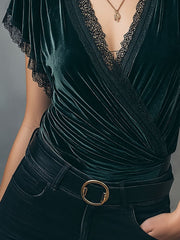 Vintage V-Neck Velvet Wrap Blouse With Lace Trim
