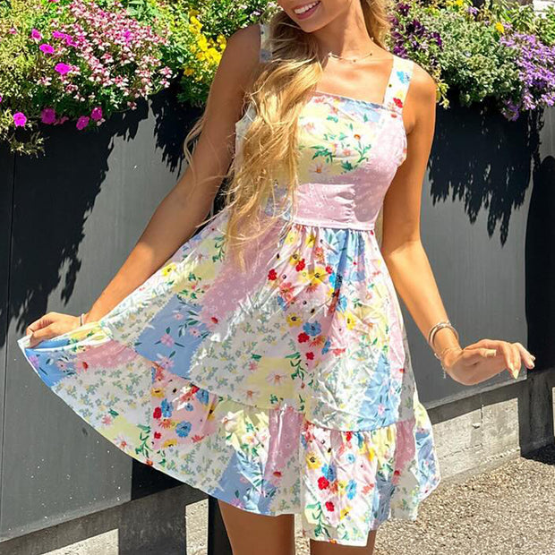 Trendy Floral Holiday Ladies Backless Mini Dress