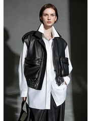 Women’s Short Sheepskin Leather Vest – Bubble Leather Design with Pockets, Notched Collar & Shoulder Strap Details