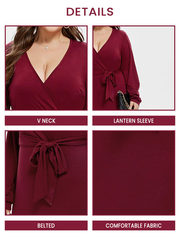 V-Neck Lantern Sleeve Belted Wrap Midi Dress