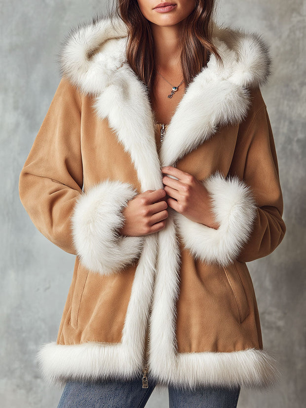 Luxury Eco Fur Trim Hooded Microsuede Jacket With Plush Lining