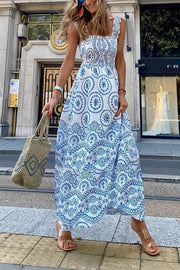 Blue-French Sleeveless Floral Suspender Skirt