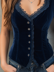 Vintage Velvet Lace Trim Slim Vest