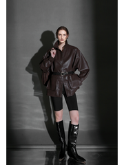 Chic Oversized Leather Jacket for Women – Premium Lambskin Commuter Coat with Large Pockets, Autumn Fashion