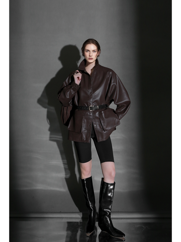 Chic Oversized Leather Jacket for Women – Premium Lambskin Commuter Coat with Large Pockets, Autumn Fashion