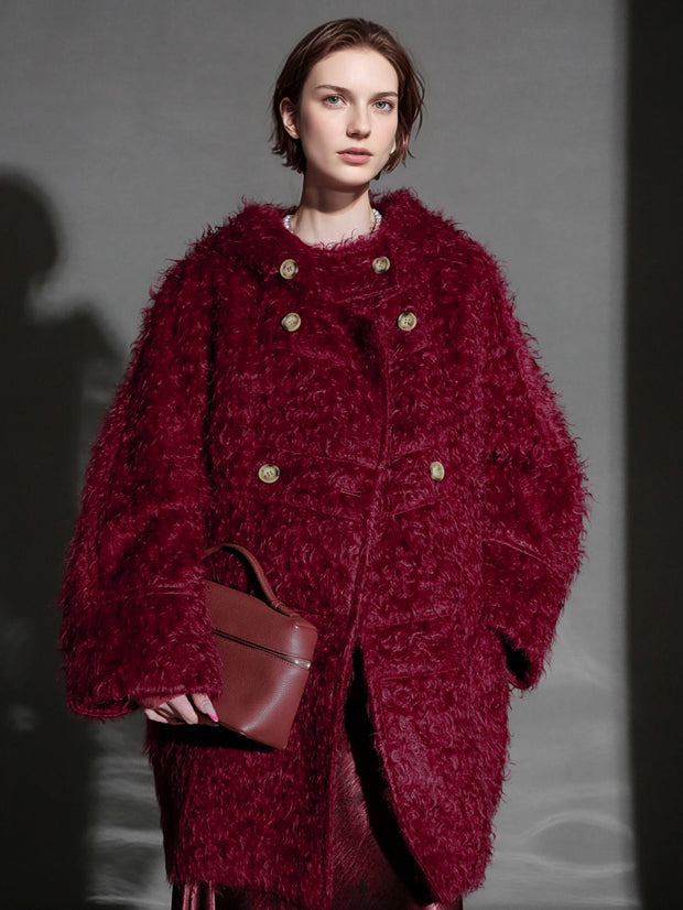 Cloud Plush Hooded Mohair Wool Coat for Women – Double-Faced Teddy Textured Wool Overcoat, Soft and Warm Winter Outerwear