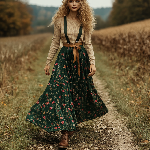 Women's Two-piece Bohemian Pastoral Suspender Floral Dress Autumn And Winter Retro Long Skirt Two-piece Set