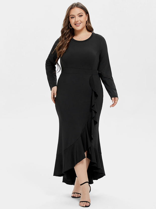 Ruffle Trim Asymmetrical Hem Maxi Dress