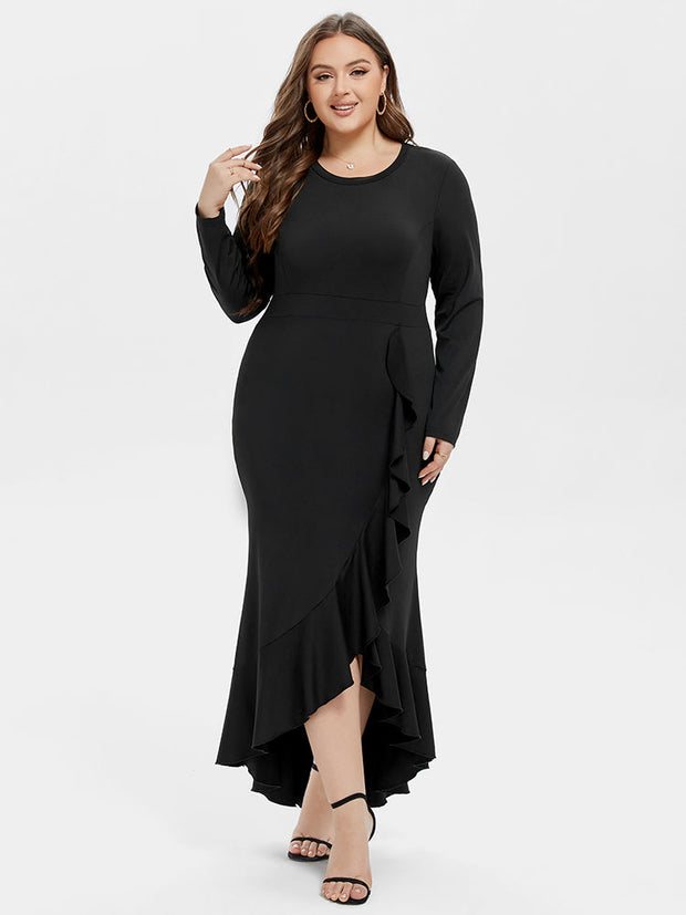 Ruffle Trim Asymmetrical Hem Maxi Dress