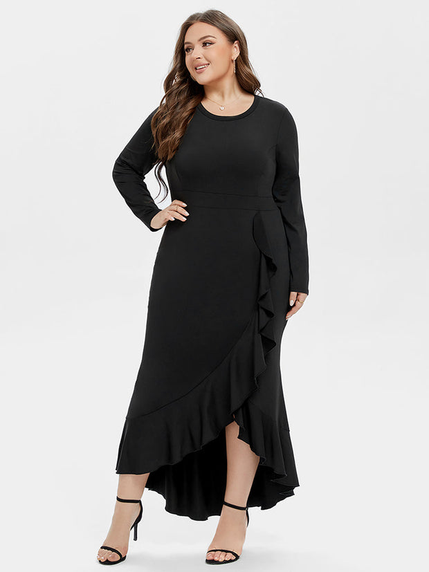 Ruffle Trim Asymmetrical Hem Maxi Dress