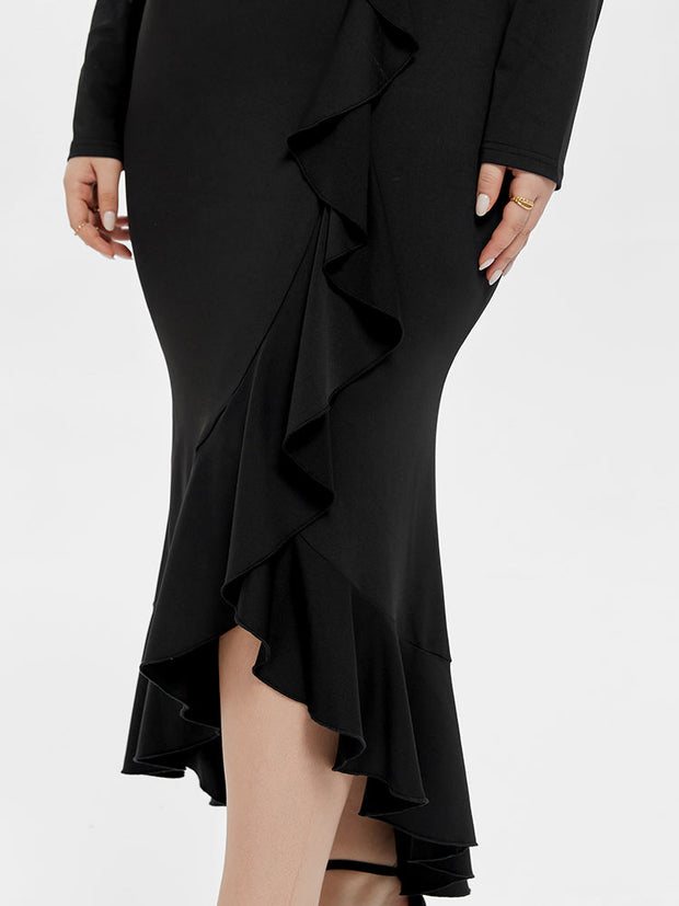 Ruffle Trim Asymmetrical Hem Maxi Dress