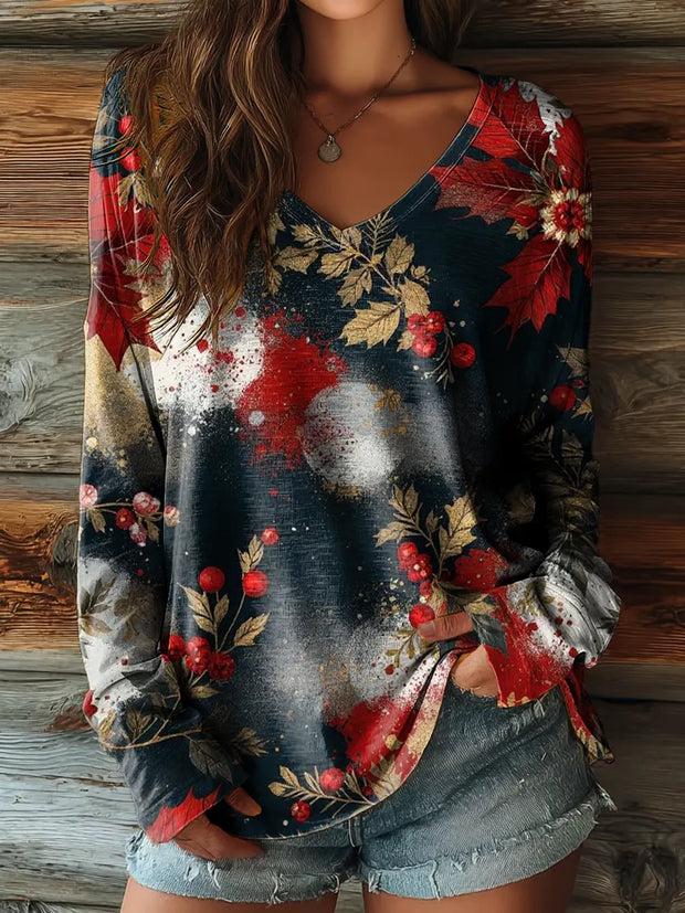 Women's Retro Color Clash Holly Christmas Art Print Casual V-neck Long Sleeve T-shirt