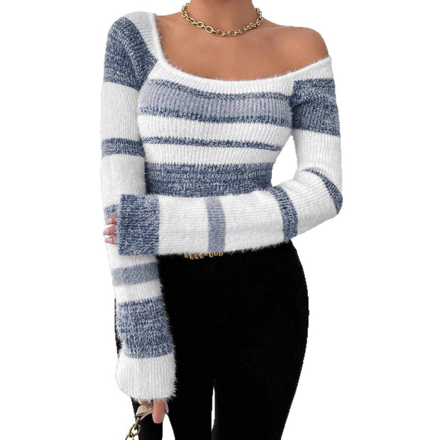 Contrast Square Neck Striped Sweater