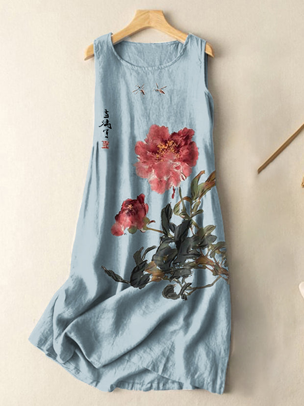 Vintage Japanese Ink Flower Calligraphy Art Print Sleeveless Cotton And Linen Midi Dress