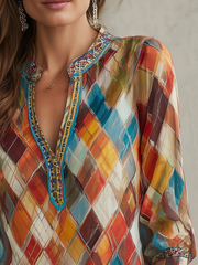 Retro Henley Collar Colorful Diamond Long Sleeve Blouse