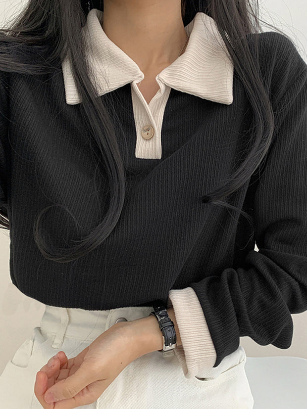 Solid Polo Knitted Top Tee Casual Autumn Winter Long Sleeve Women T-shirts Korean Fashion Button Up Preppy Style Cloth