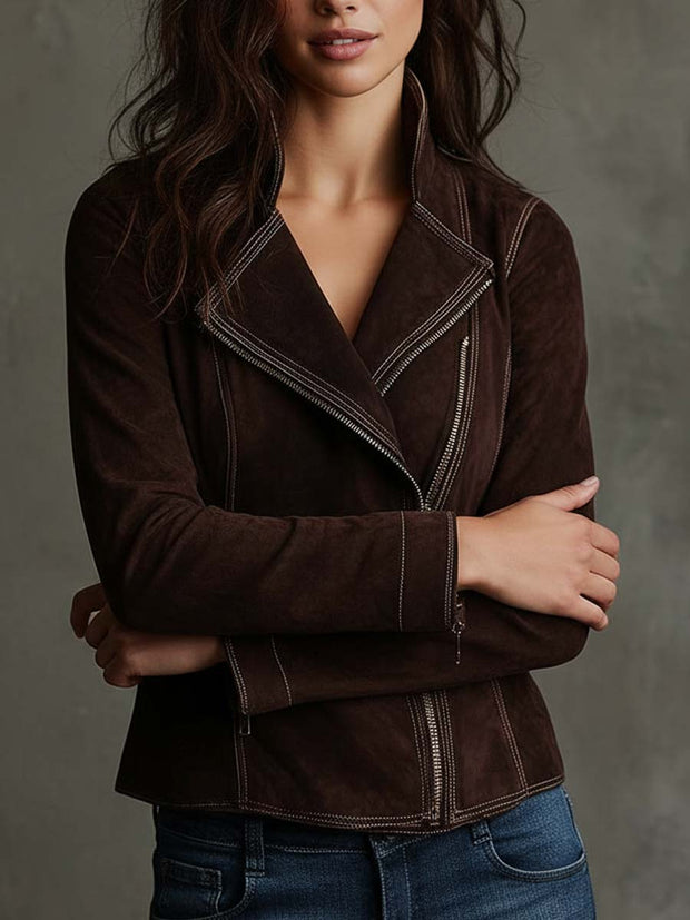 Chocolate Brown Eco-Suede Moto Jacket
