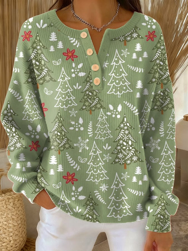 Women's Casual Christmas Tree Button Knit Sweatshirt