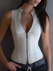 Retro Zipper Lace Stand Collar Eco-Friendly Leather Vest