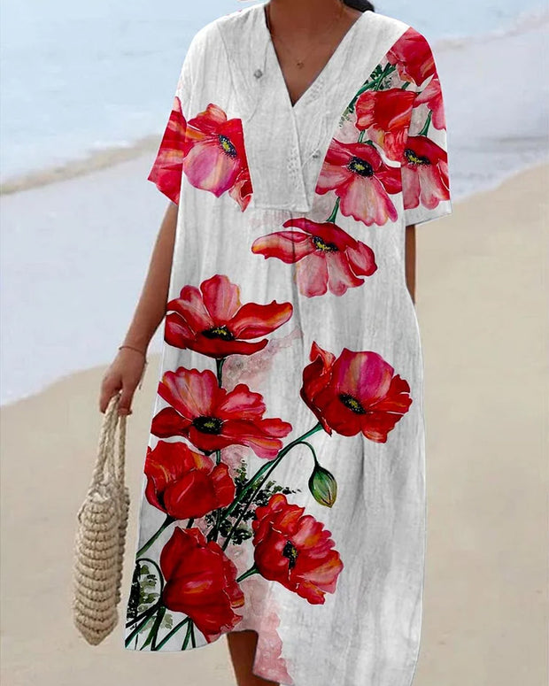 Women's Resort Style Floral Print Pattern V-Neck Dress with Pockets