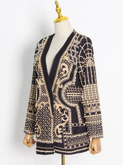 Long Sleeves Loose Beads Printed V-Neck Blazer Outerwear